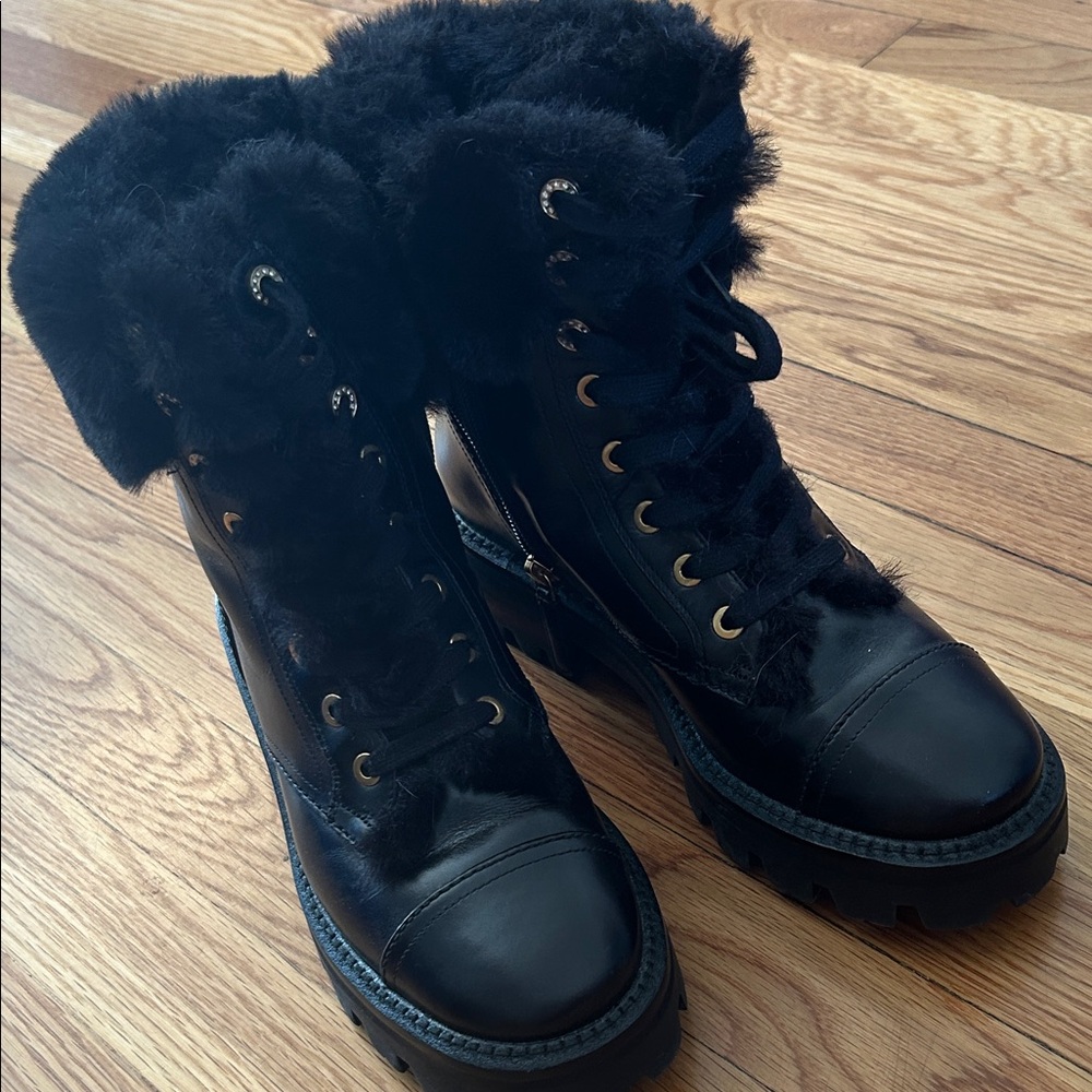 kate spade Black Leather Shearling Cuff Lug Heel Booties